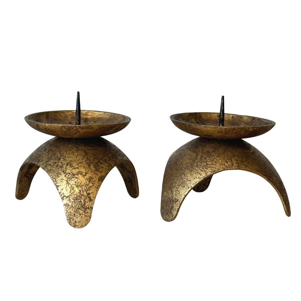 Pair Atomic Brass Candle Holders 4" Tripod Japan Mid Century Brutalist MCM Style